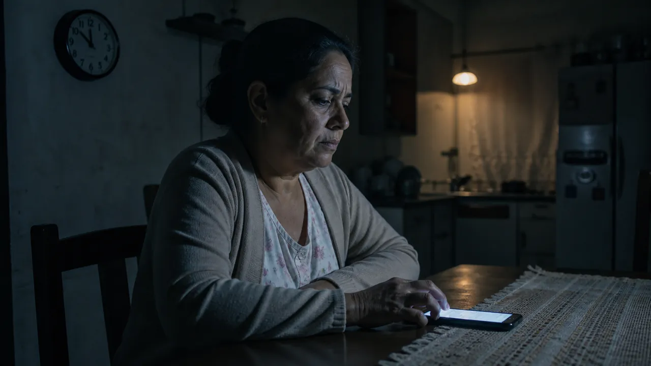 Mulher adulta olhando o celular durante a madrugada, com expressão de preocupação contida