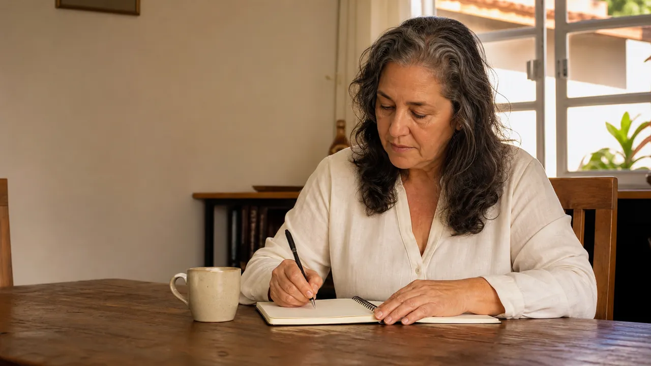 Mulher adulta escrevendo com serenidade em um caderno à mesa