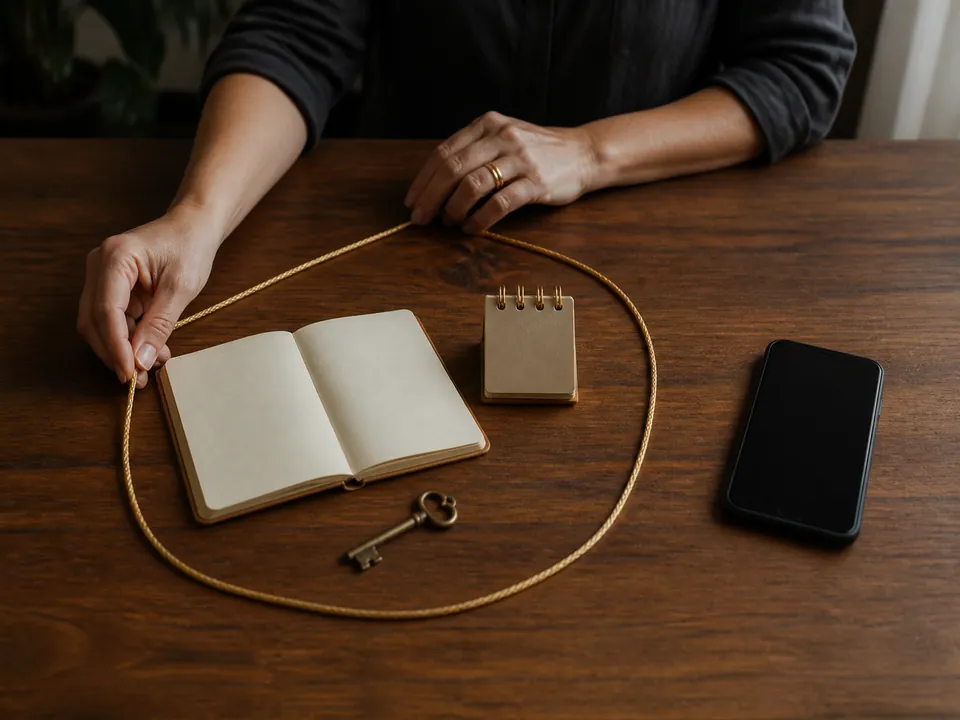 Caderno, telefone e chave organizados dentro de um limite visual