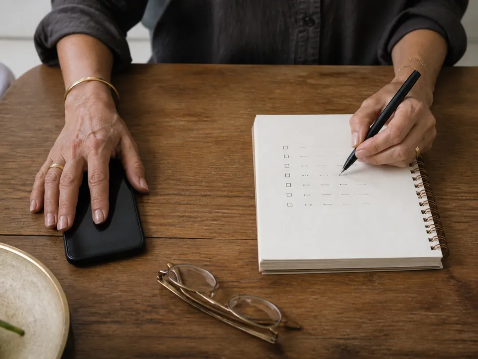 Mãos registrando fatos em um caderno ao lado de um celular