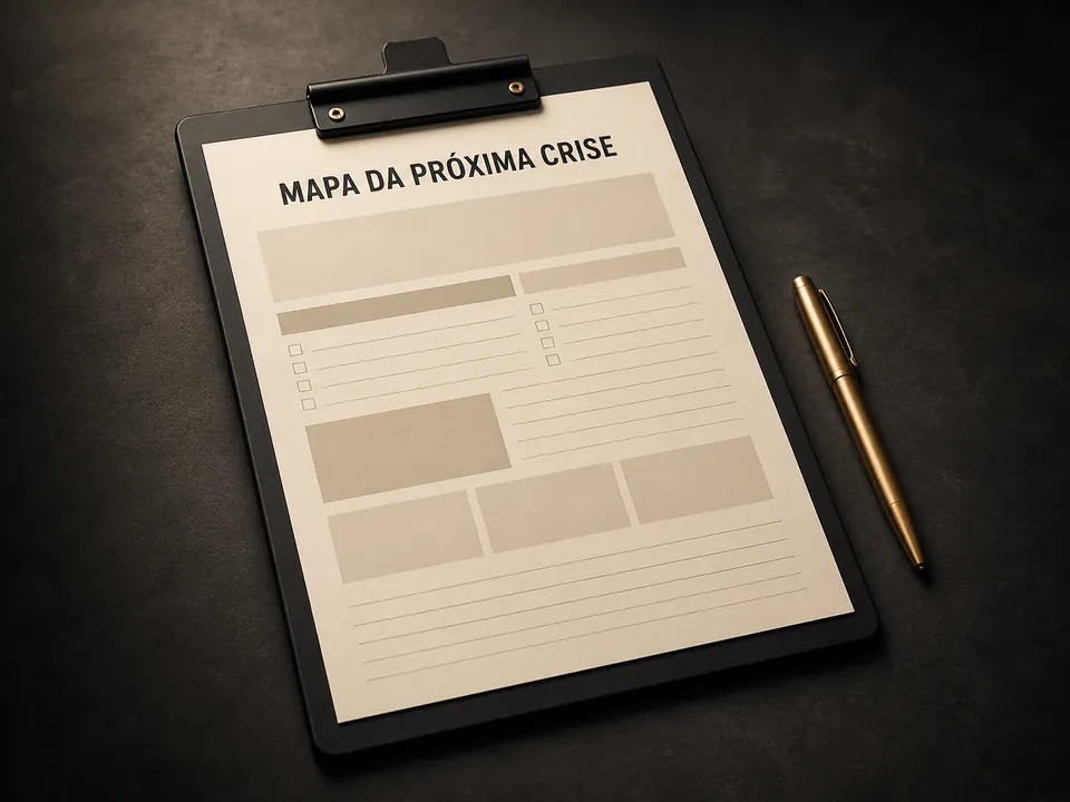 Mockup do Mapa da Próxima Crise em uma prancheta